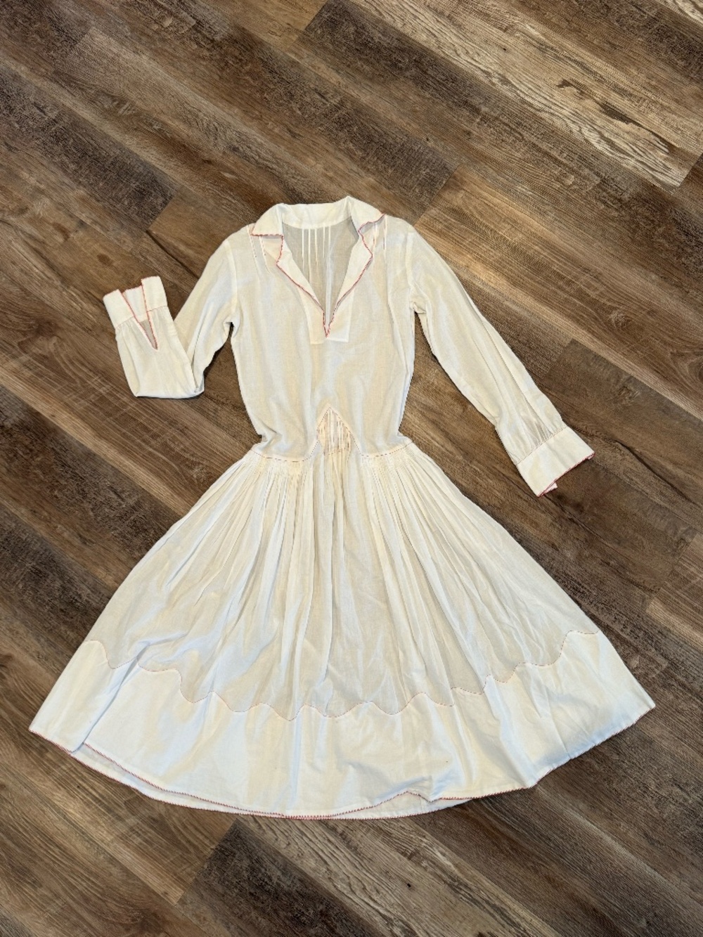 Vintage Sheer White Linen Collared Midi Dress With Red Stitching Medium